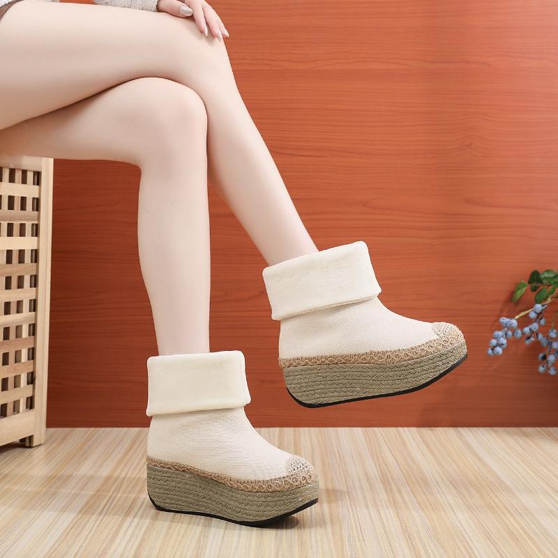 Fashion Retro Women's Cotton Shoes 2024 Winter New Item with Outward Turned Edge Splicing Round Head Women's Casual Fabric High Top