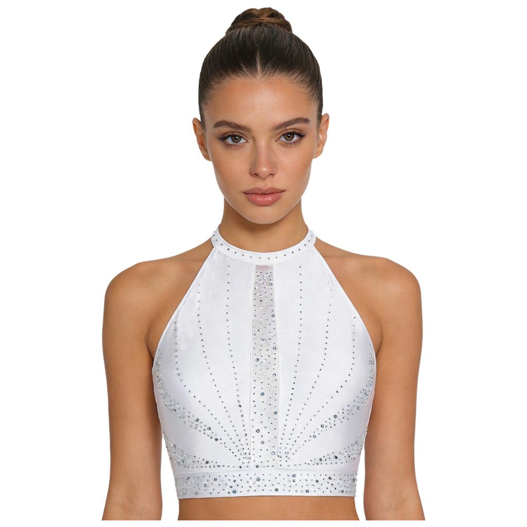 Top Cropped Lyrical Dance Feminino Brilhante com Strass Sem Mangas Costas Vazadas Regata Fantasia de Dança do Ventre