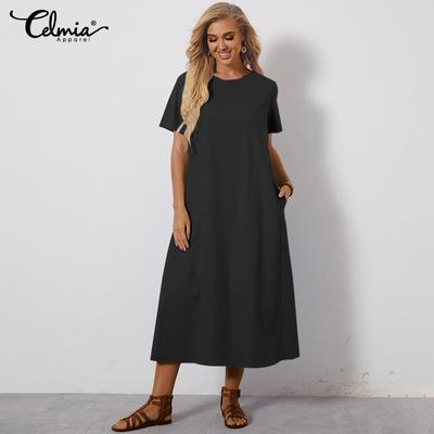 Женский Винтаж Лен Лето Макси Рубашка Платье Короткий Рукав Твердый Повседневный Свободный Плюс Размер