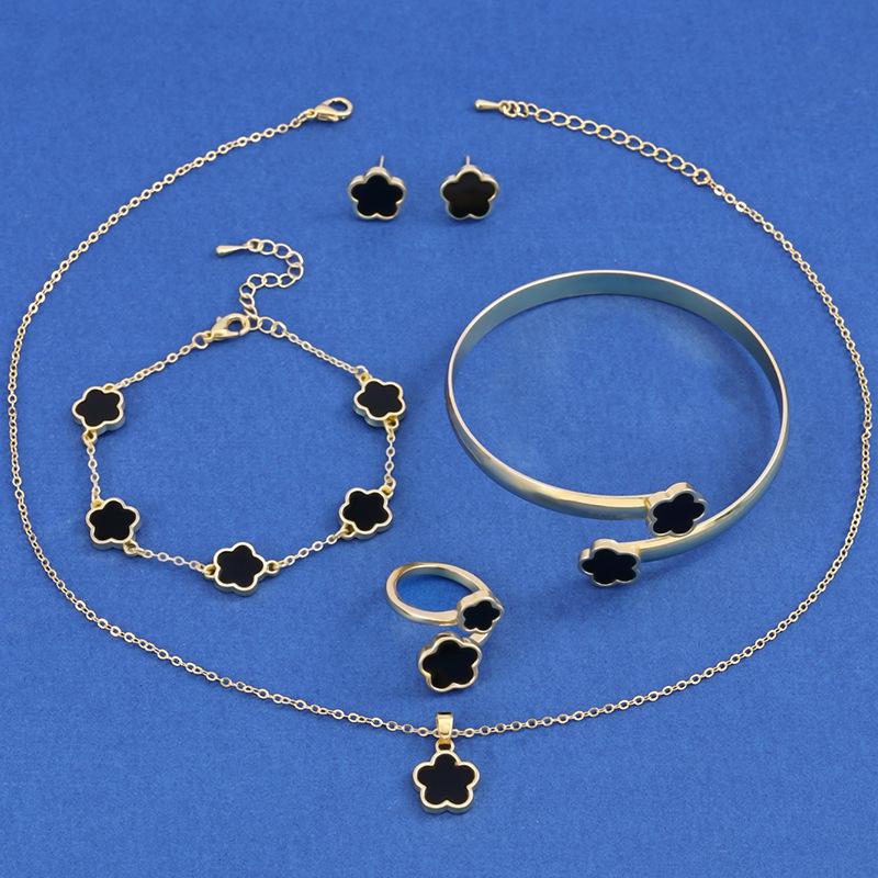 1 sada zářivých šperků Lucky Flower Set Třpytivé náušnice, náhrdelník, náramek, náramek a prsten – módní slitinový soubor pro ženy – perfektní dárek