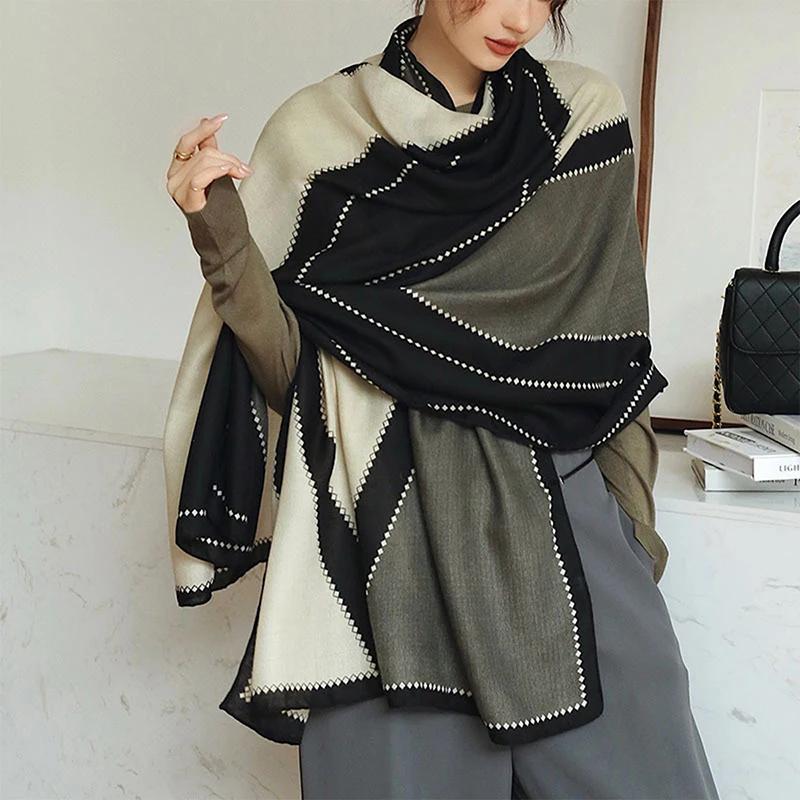 Fashion Printed Stripe Geometry Shawl Cotton Viscose Scarf Women Outdoor Sunscreen Muffler Hijab 182*83Cm