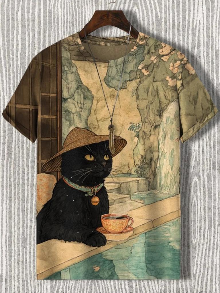 Summer Men's Funny Animal Cat Printed T Shirt Short Sleeved Tees Tops 3D Print O-Neck Shirts Party Casual Men's Clothing Apparel
