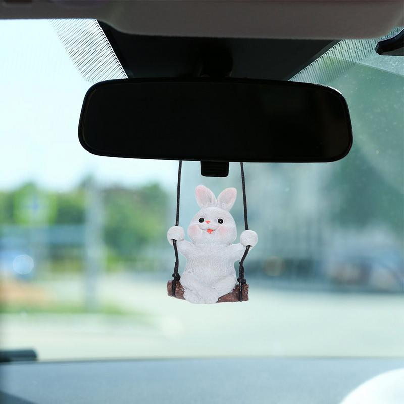 Swing Bunny Car Hangable Ornament Cartoon Rabbit Car Pendant Resin Animal Figurine Car Hangable Accessories Aesthetic Decoration