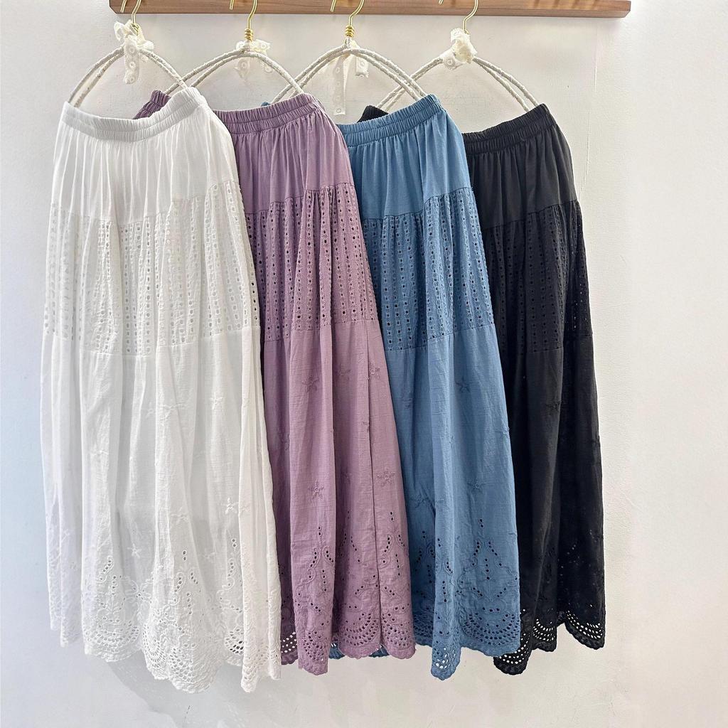 Japanese Inspired Cotton Embroidered A-line Midi Skirt for Spring and Summer
