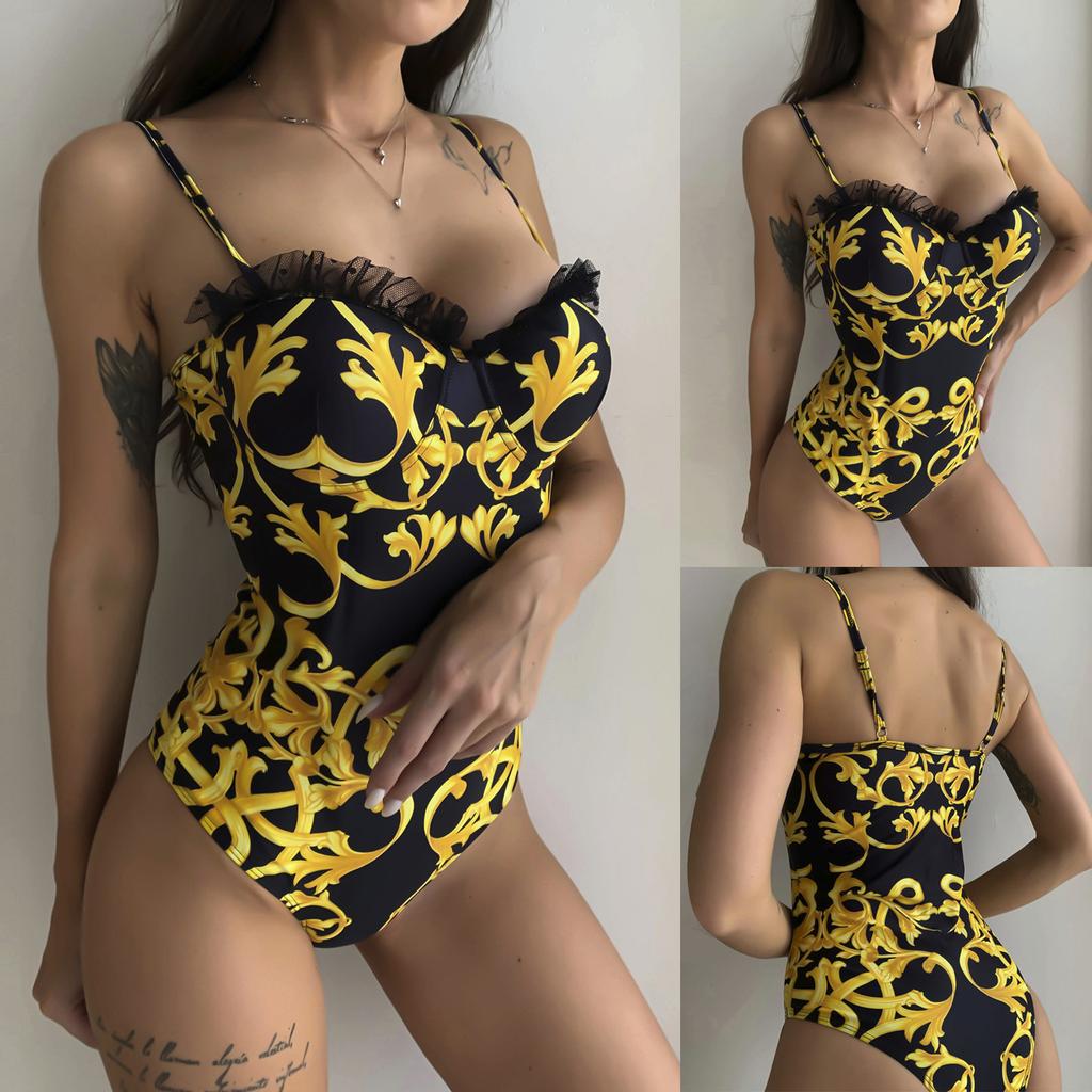 Women Sexy One-Piece Lace Print Jumpsuit Beachwear Swimwear Push-up Bikini