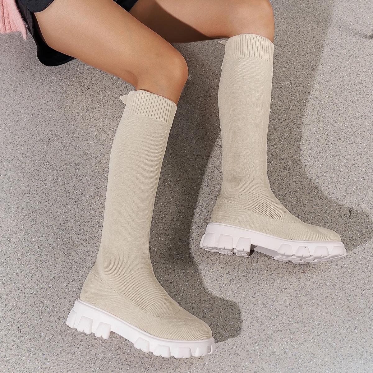 

Casual Stretch Sock Boots Winter Fashion Knitted Knee High Women s Boots Thick Bottom Round Toe Long Boot Slim Shoes for Women 36 бежевий