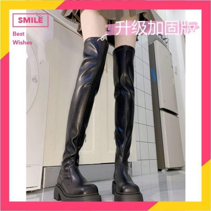 Sugar cube over the knee long boots thin boots women's spring and autumn new thin square head thick sole tight elastic boots tide