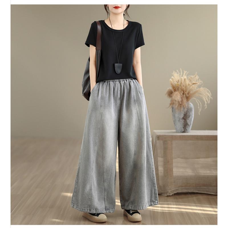 DIMANAF 2026 Summer New Plus Size Women Jeans Elastic Waist Long Pants Loose Casual Denim Cotton Trousers Vintaged