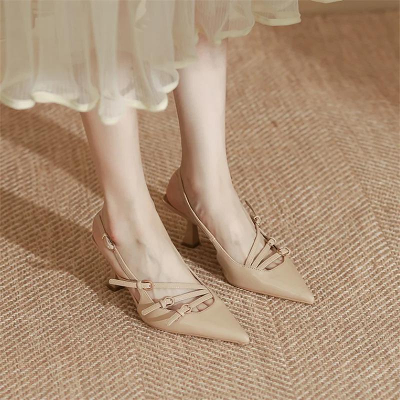 Patent Leather Women Sandals Sexy Pointed Toe Back Strap Buckle Summer Slingback Footwear Ladies High Heel Wedding Party Shoes