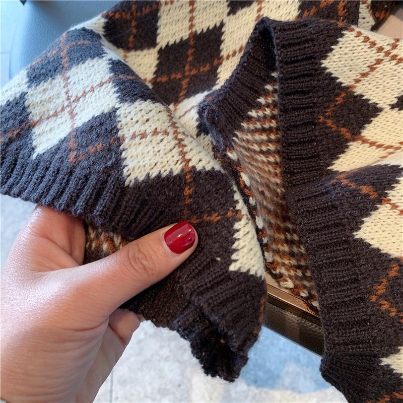 Rhombus plaid scarf women's winter versatile students autumn and winter thickened warm wool knitted scarf men