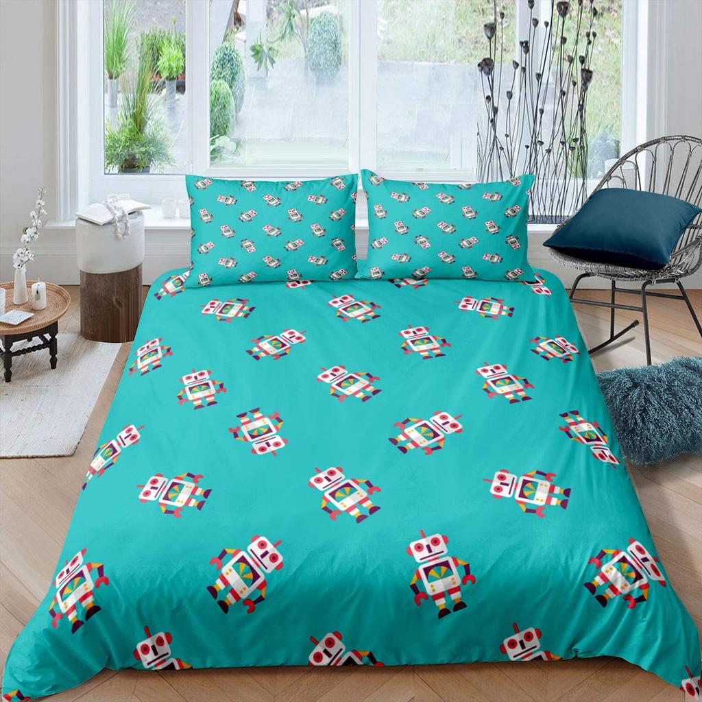 Children Kids Young Boys' King-Sized Dimensionsd Dimensions Beding - Watercolor Robot Soft Duvet Cover Set, 2/3 Pcs Featuring Modern Carton Super
