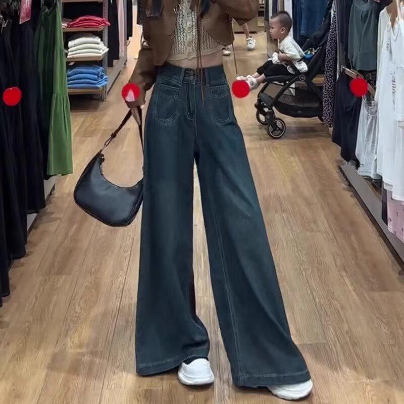 

Ретро джинсы с высокой талией и широкими штанинами, женские стройнящие драпирующиеся весенние брюки 3XL