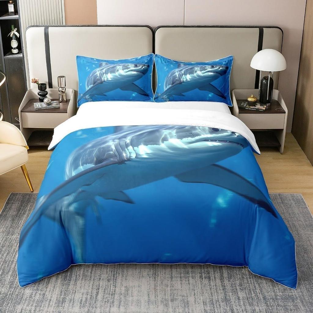 Shark Duvet Cover Set Single Size Kids Boys Ocean Animal Print Bedding All Season Comforter Cover Soft Comfortable