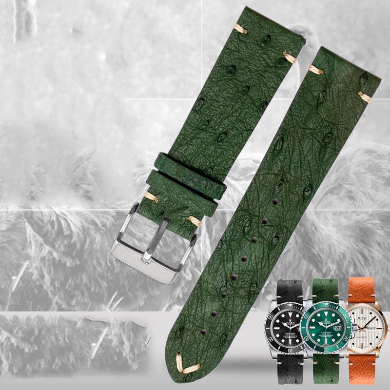 18mm 20mm 22mm Ultra-thin soft handmade ostrich leather black and green for water ghost watch strapsMen's and women's accessori