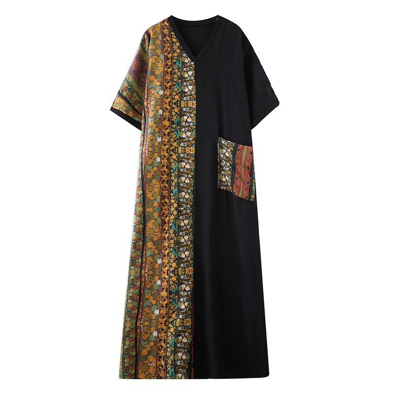 DIMANAF 2025 New Women Plus Size Summer Loose Dress Casual Linen Floral Dress Basic Vintage Short Sleeve