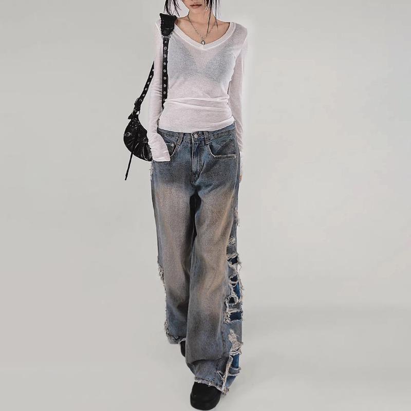 Trendy Korean Tassel Ripped Jeans: Washed, Punk Style, Straight-Leg, Draping Long Pants for Teenagers