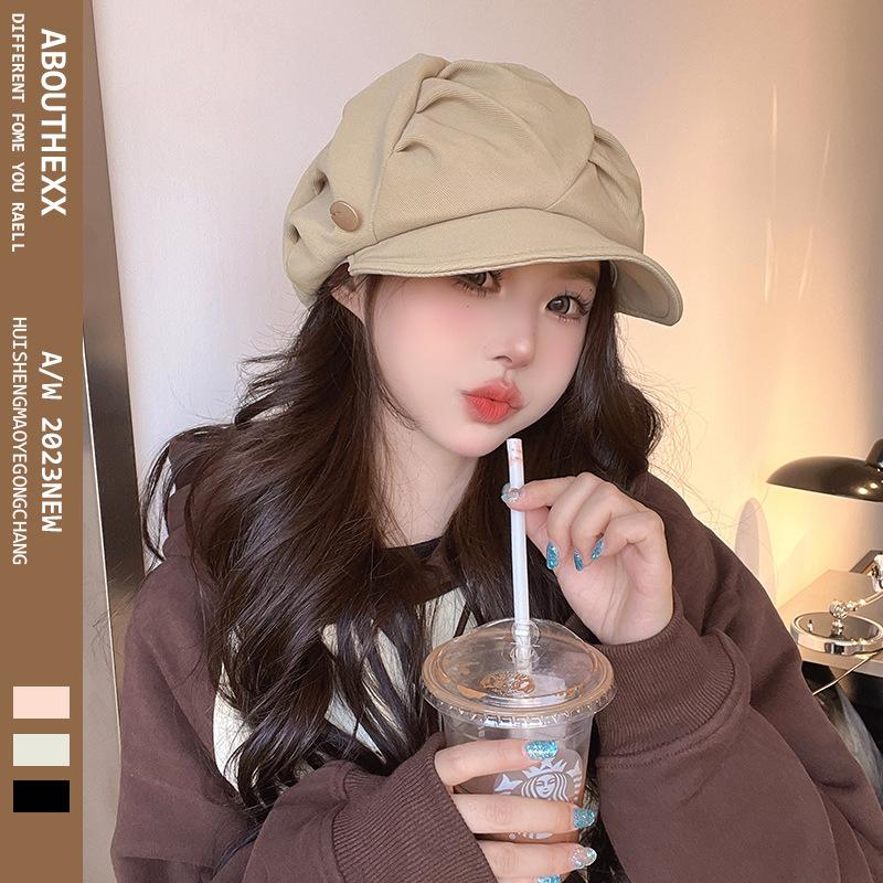 New Black Pleated Cloud Hat for Women with Big Head Octagonal Hat Showing Versatile Face Beret for Women