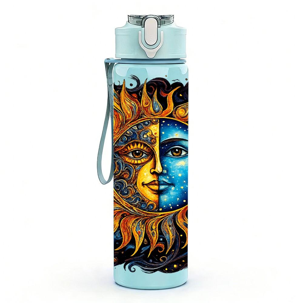 1PC Sun Moon Face Bohemian Art Print 750ml Color Plastic Sports Water Bottle Leakproof Flip Straw Lid Suitable for Sports Office Home Use