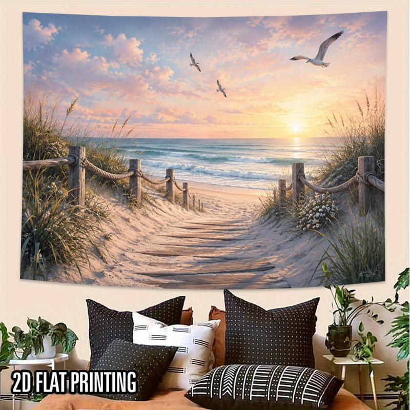 2D Flat, 2D Flat Print 1pc Tapestry Sunset Beach Path Seagulls Wall Hanging Art Decor 100% Polyester, Suitable for Romantic Indoor and Outdoor Decorat
