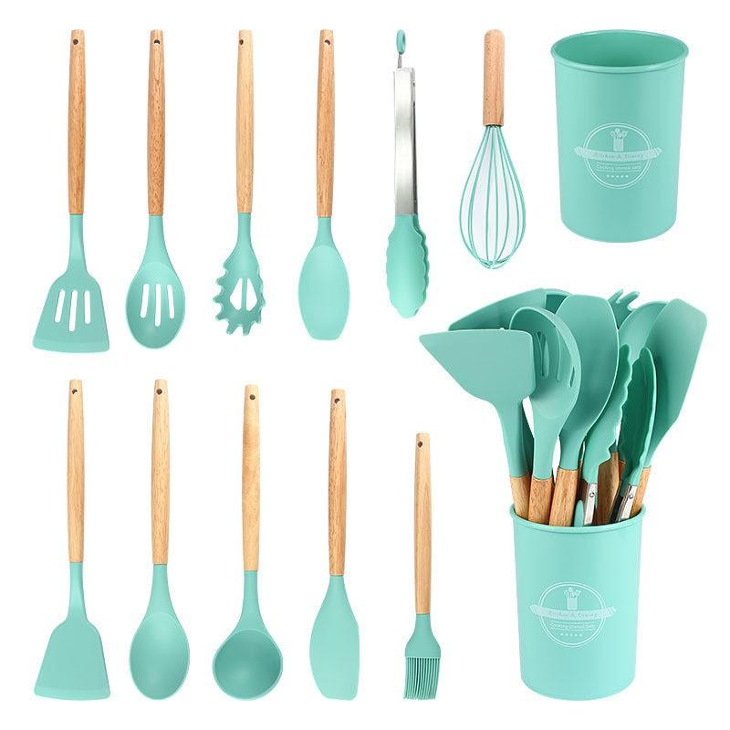 12-Piece Silicone Kitchen Utensil Set With Wooden Handle Heat-Resistant Non-Stick Cooking Tools Home Use