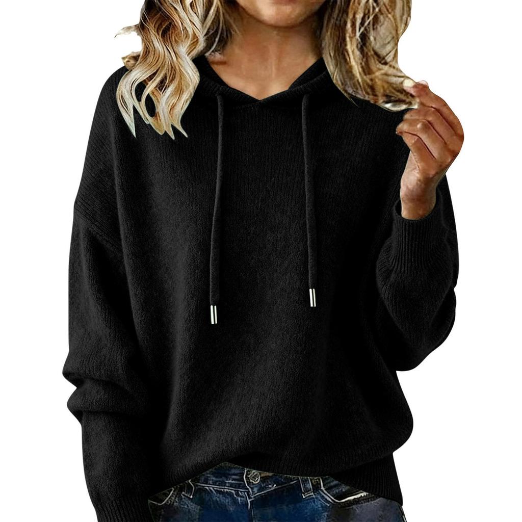 Women's Solid Color Hooded Drawstring Sweater - Long Sleeve Brushed Top
