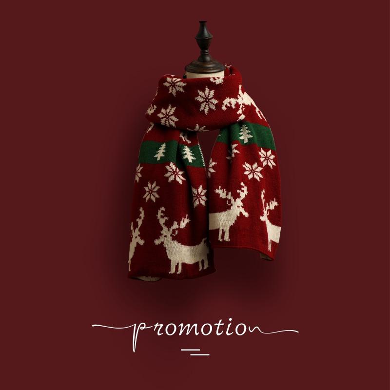 Versatile Christmas Knitted Wool Red Scarf Deer Elk Print Snowflake Warm Personality Couple Scarf Student