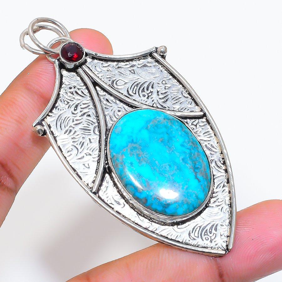 Natural Tibetan Turquoise, Garnet 925 Sterling Silver Jewelry Pendant 2.96" ZS-497