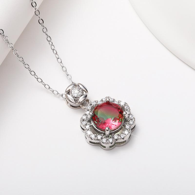 Silver Plated Colorful Round CZ Halo Pendant Necklace, Floral Frame Moving Stone Cable Chain Necklace for Women
