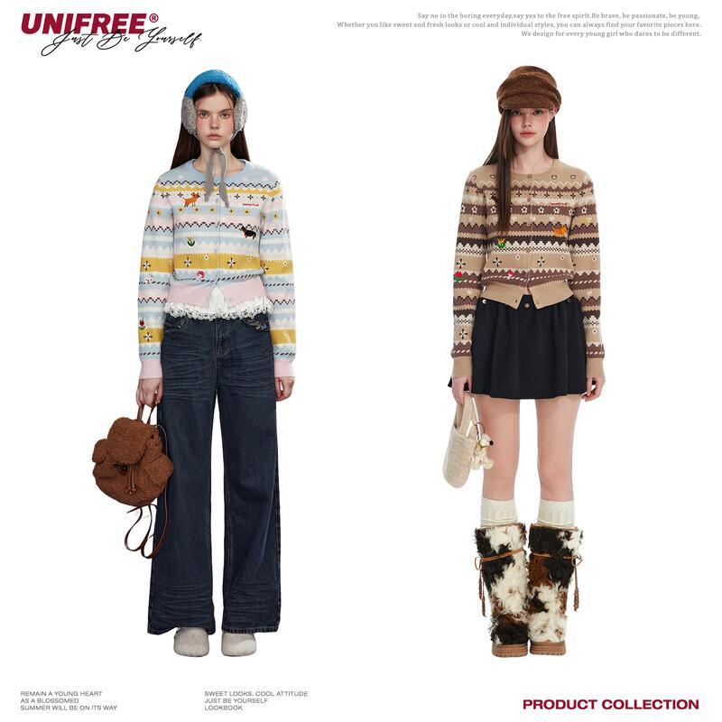 UNIFREE Vintage Animal Jacquard Knit Cardigan