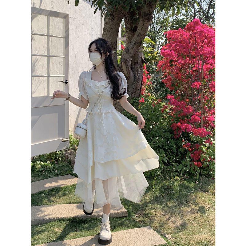 Short-Sleeve Ladylike Apricot Fairy Dress - French Style, Waist-Slimming, Irregular Hem