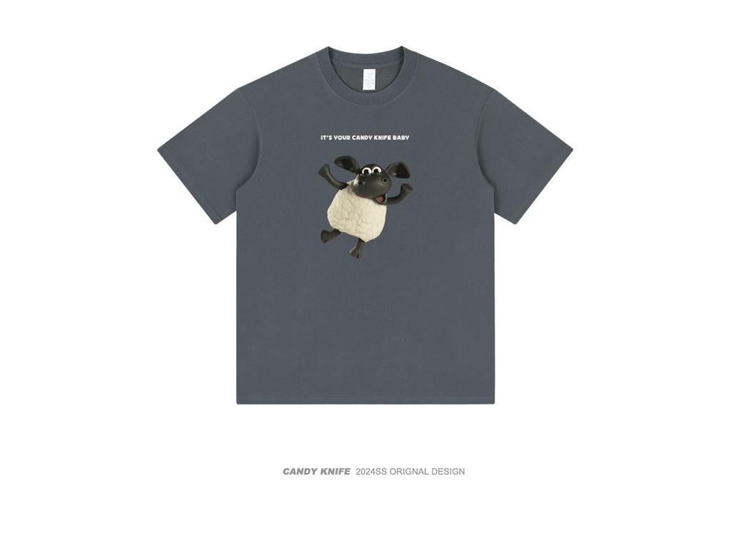 Trendy Oversized Cartoon Lamb Print Unisex T-Shirt - Round Neck, Short Sleeve