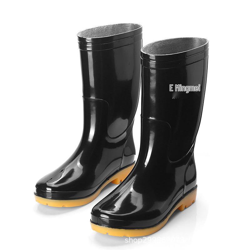 Men's Waterproof Mid & High-Calf Rain Boots: Non-Slip, Fashionable, Warm, Acid & Alkali Resistant, Rubber Sole for Kitchen Work.