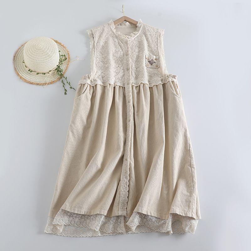 

New Arrival Mori Style Lace Patchwork Small Pocket Corduroy Vest Dress for Women Loose Pointed Collar Sleeveless Single Breasted Dress Beige One size