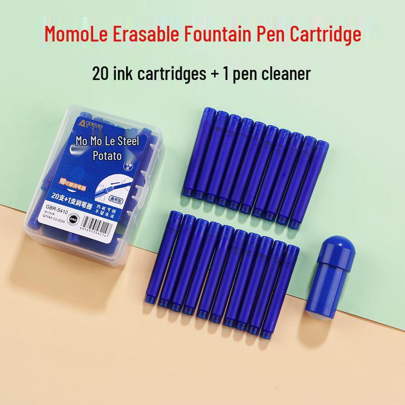 

Momele Student Erasable Fountain Pen Set: 20 Ink Cartridges, Pen Holder, Eraser, Crystal Blue & Carbon Black 20 ink cartridges + 1 pen holder