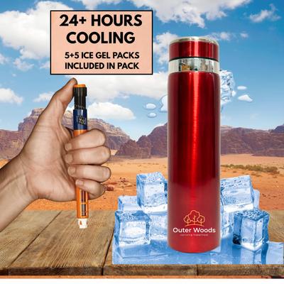 Outer Woods Insulin Cooling Bottle Large (1000ml) | 24+ Hours Cooling Insulin Travel Cooler | Includes 5+5 Ice Gel Packs | Fits Insulin Pens Up To 8