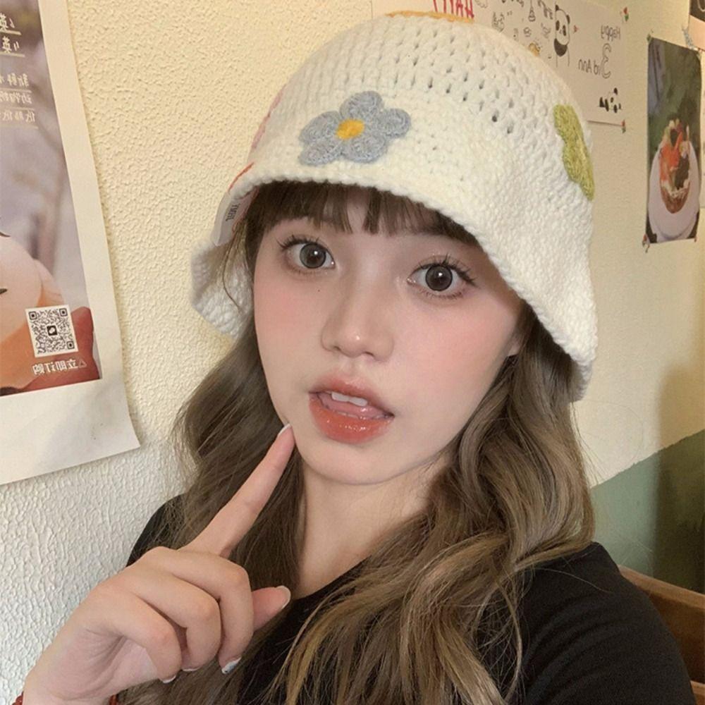 Crochet Flower Knitted Hat Korean Style Bucket Hat Cute Beanies Hat  Girls