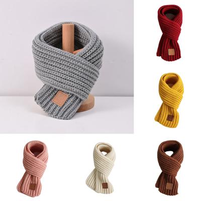 Kids Knitting Scarf Solid Color Thickened Warm Knitted Style Scarf with Faux Leather Label Versatile Daily Wear