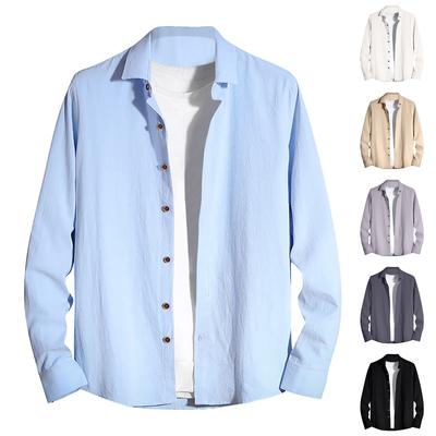 Tasarımcı İlkbahar Yaz Erkek Rahat Pamuk Keten Düz Renk Uzun Kollu Gömlek Gevşek Standı Yaka Gömlek