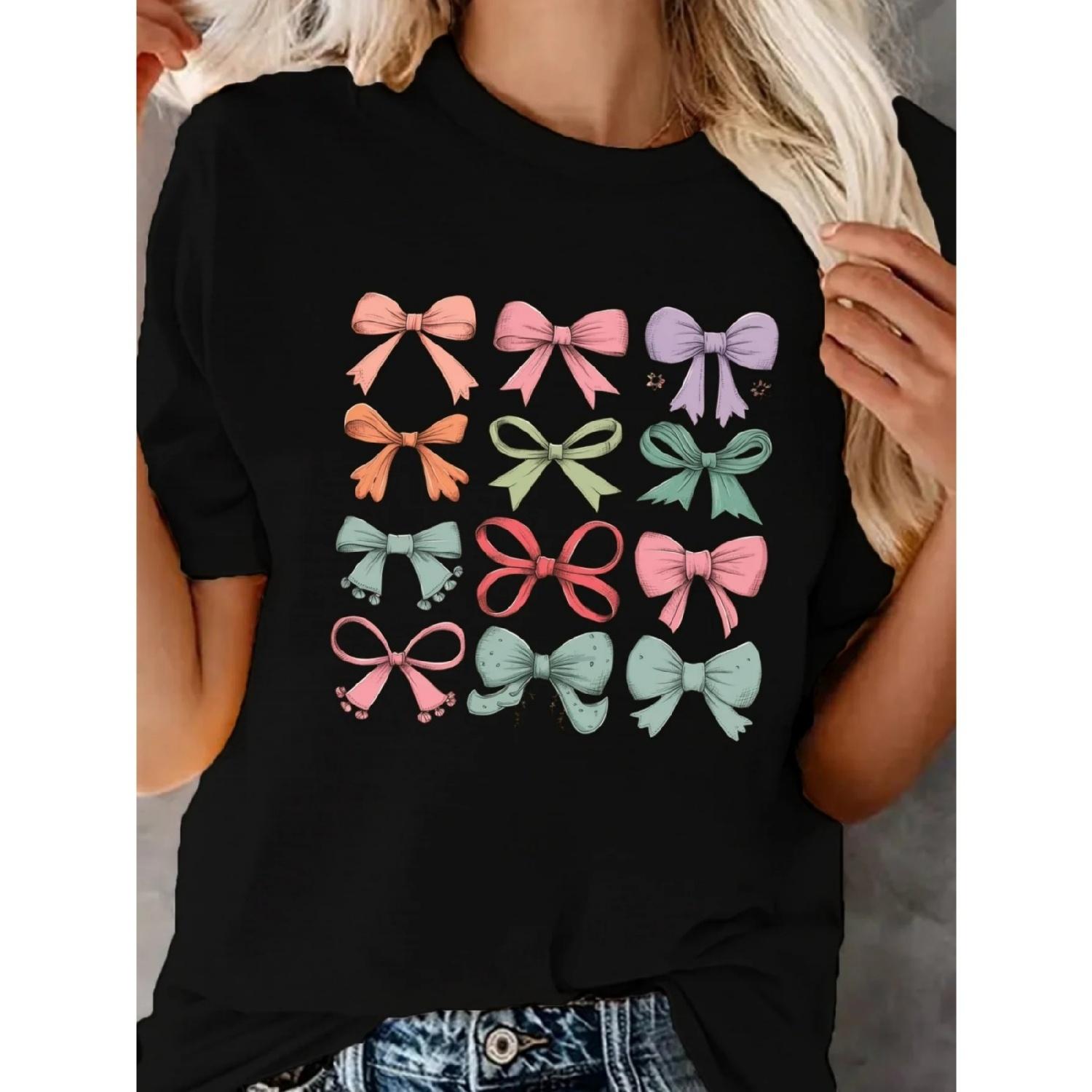 

Bow Print Crew Neck T-shirt Casual Short Sleeve Top for Spring & Summer Women s Clothing XXXXXL
