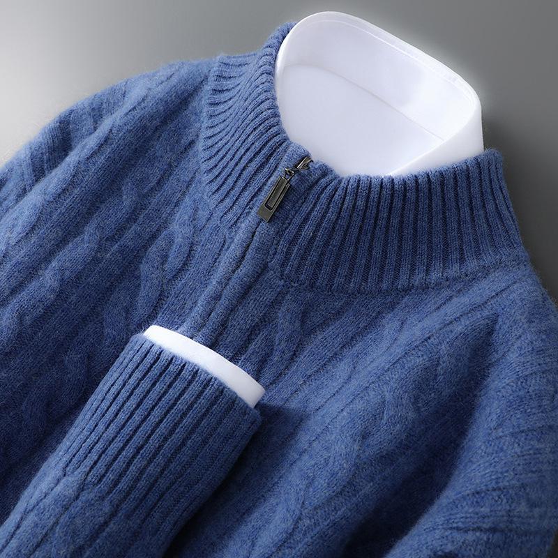 Men's Pure Wool Half-High Collar Cable Knit Zipper Sweater - Thick & Loose for Autumn/Winter