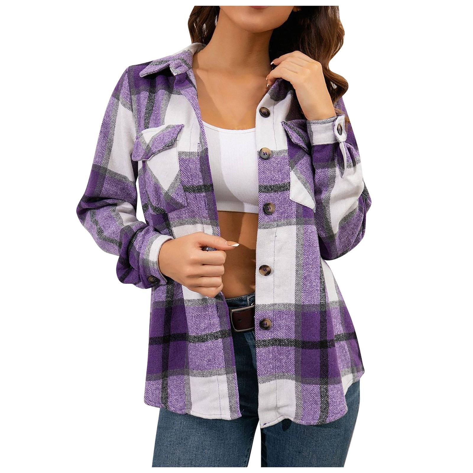 

Модная женская повседневная свободная шерстяная плюшевая клетчатая куртка-рубашка с длинными рукавами M фиолетовый