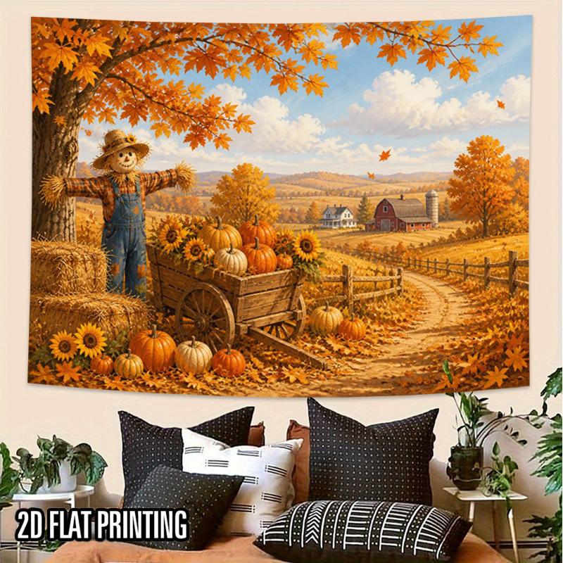 2D Flat - 2D Flat - 2D Flat Print 1pc Tapestry Autumn Farm Harvest Tapestry Scarecrow Pumpkins Sunflowers Rural Scene Oversized Polyester Fabric Perfe