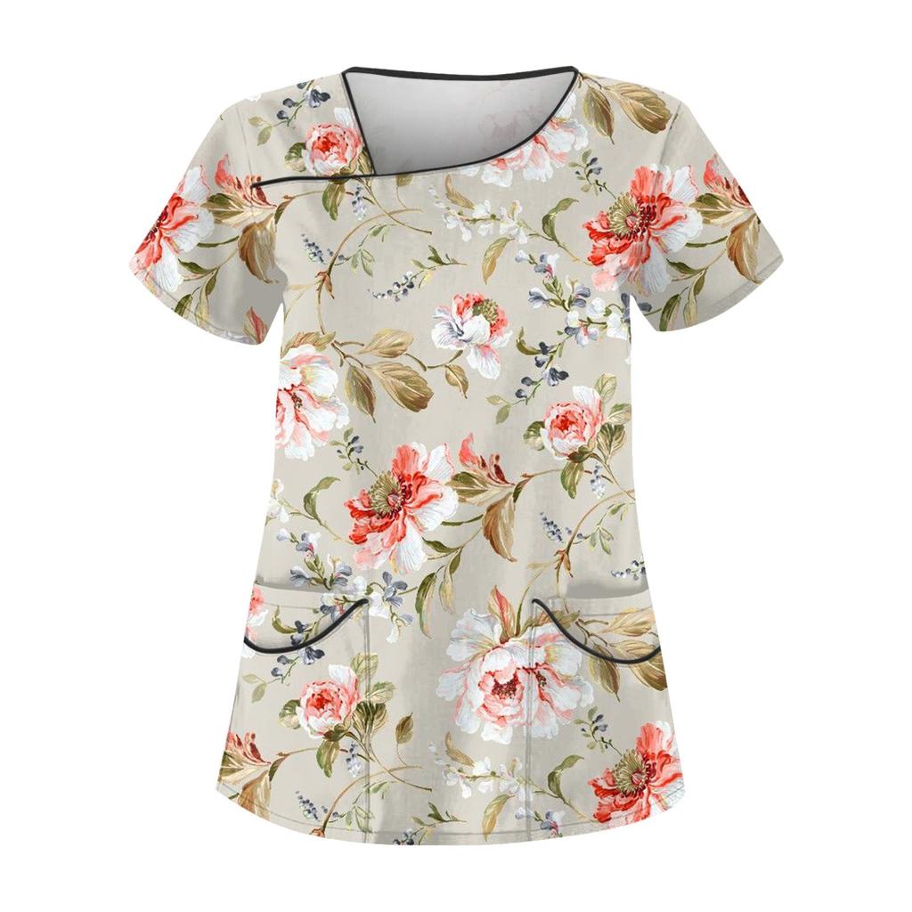 Women's Casual Printed Short Sleeve Workwear With Double Pocket Top