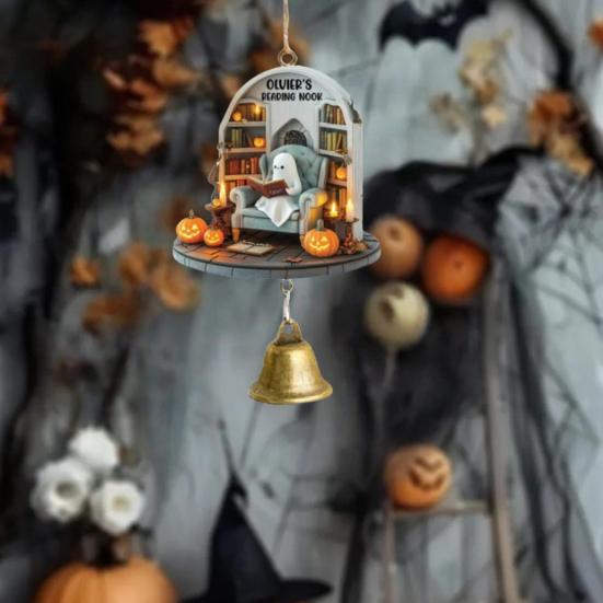 Ghost Reading Book Halloween Ornament 2D Flat Ghost In Reading Nook Hanging Decoration with Bell Window Hanging Wind Chime for Home Decor