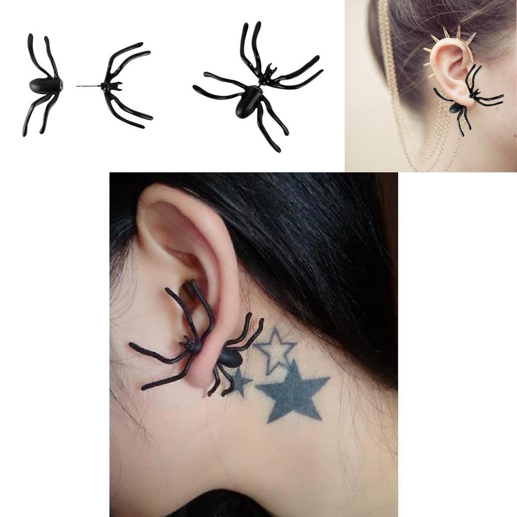 Punk Black Spider Ear Cuffs With Front And Back Studs For Women