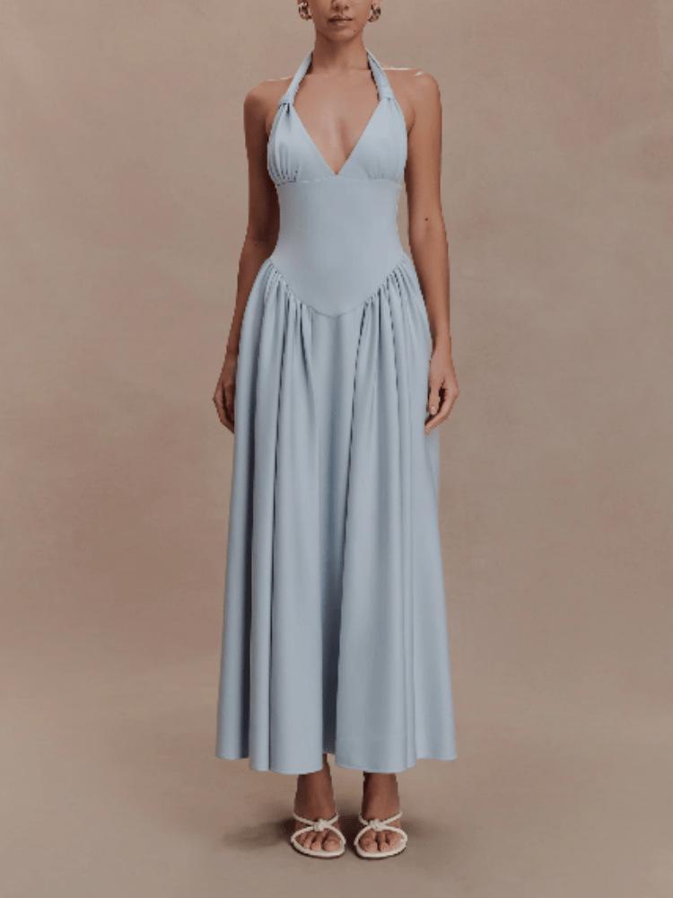 European & American Women s Halter Slim V-Neck Pleated Backless Dress S