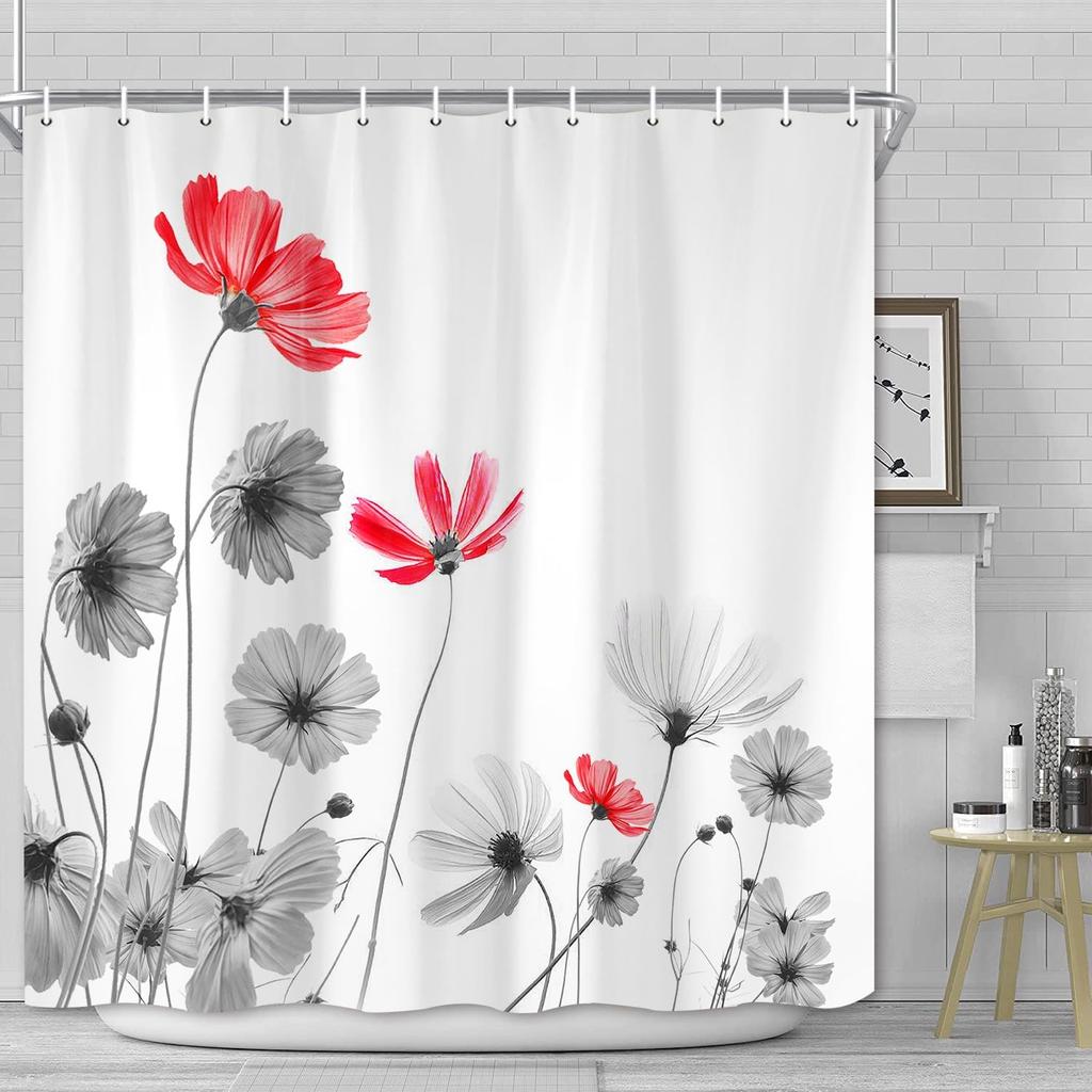 Pink Gray Flowers Shower Curtain, Daisy Floral Simple and Fresh Elegance Plants Cloth Rustic Farmhouse Bathroom Decor Sets,