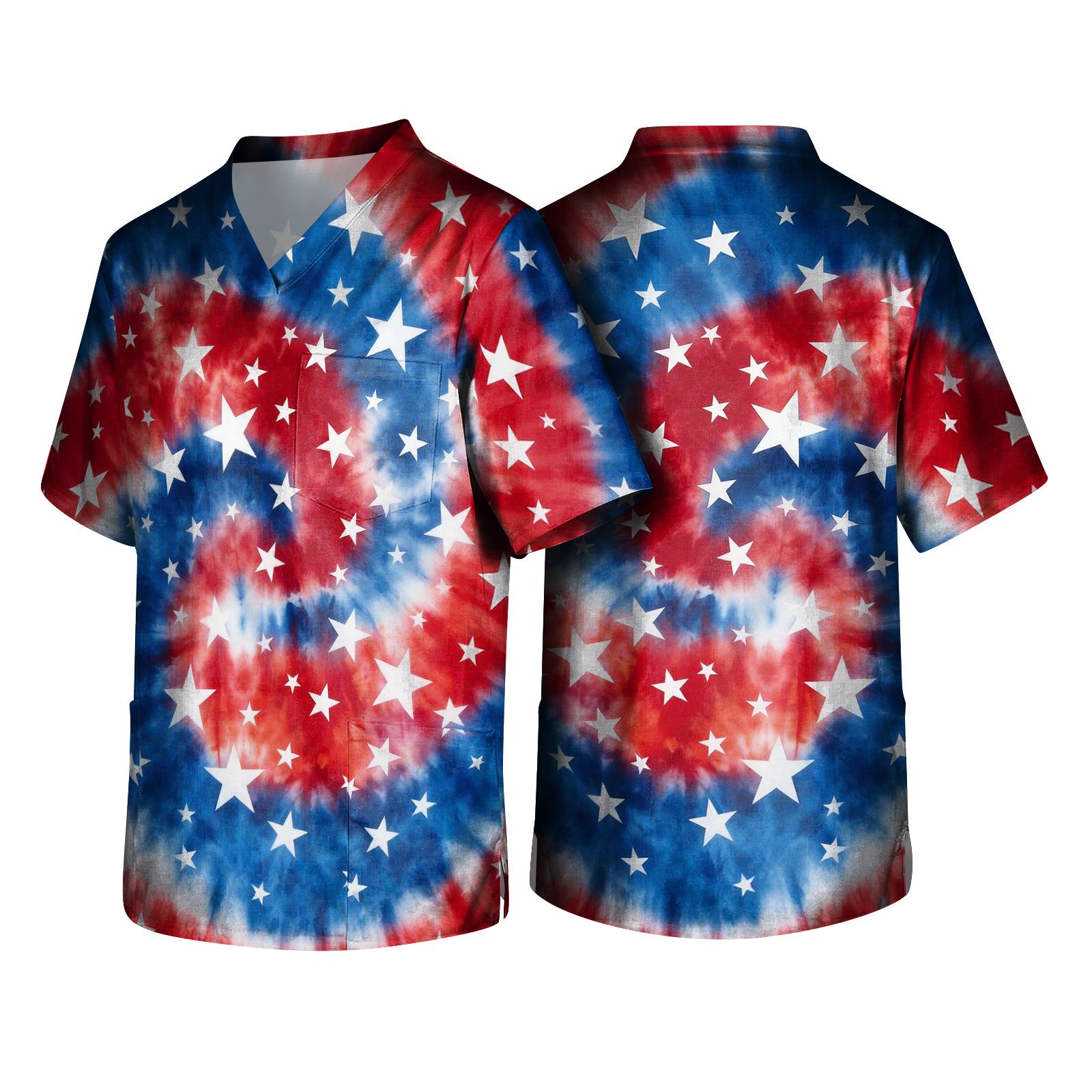 

Short Sleeve V Neck Printed Scrub Top with Star and Stripe Pattern for Professionals Unisex Comfortable Fit S