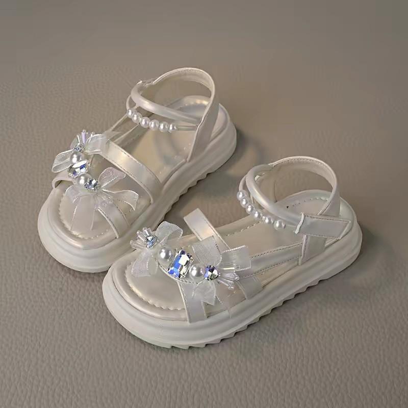 Girls Princess Sandals 2026 Rhinestone Pearl Decor Soft Sole Non-Slip Open Toe Shoes Ages 4-16