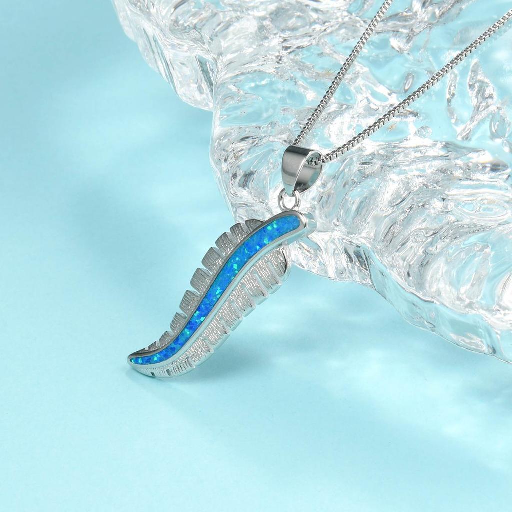 Trending TikTok INS Blue Copper Alloy Feather Necklace-Opal Inlaid Pendant Silver Plated Women's Trendy Sweater Chain Jewelry